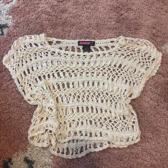 Say What? Y2K Vintage Ivory/Off White Crop Short Sleeve Crocheted Top Size Large - Picture 1 of 3